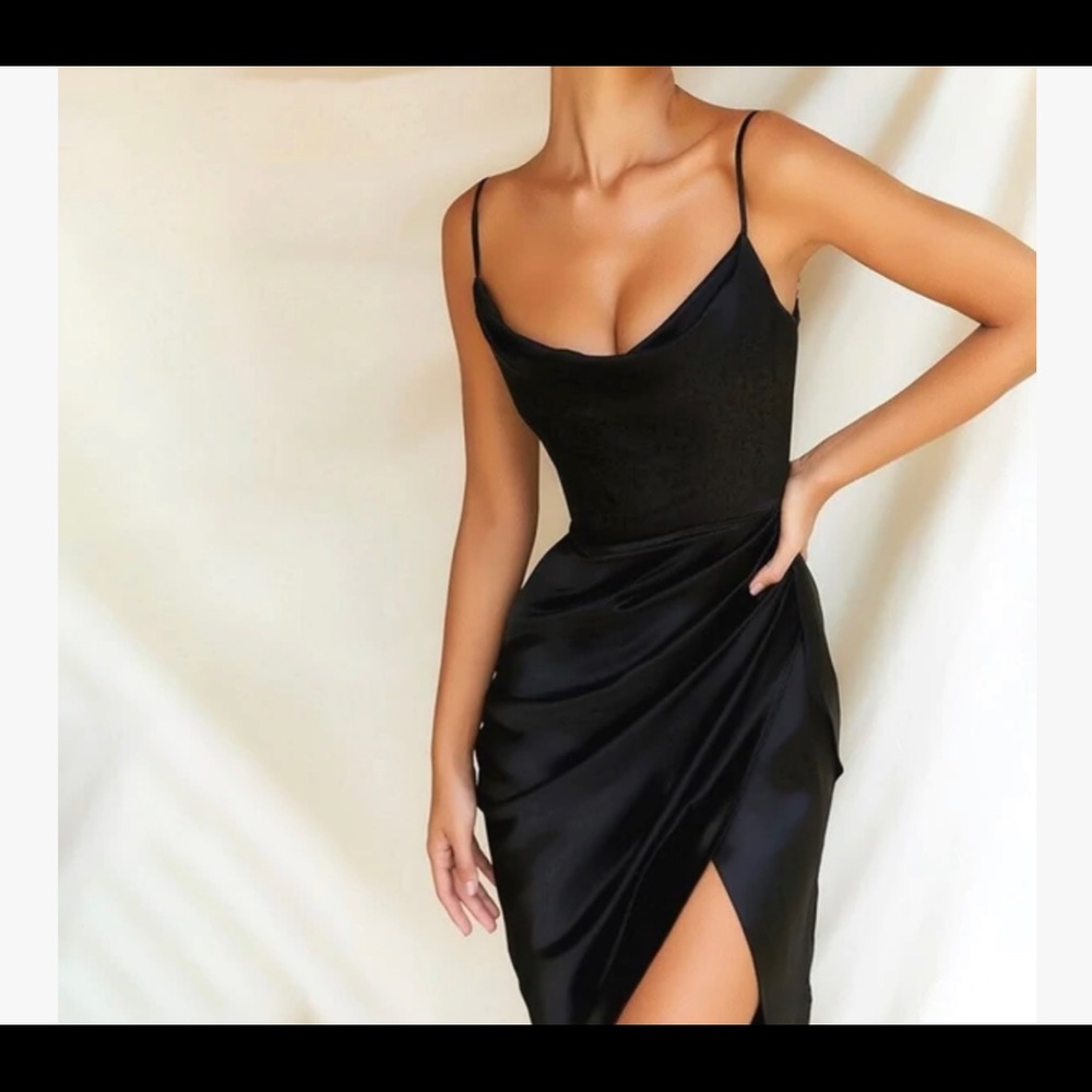 WUVVE - Black Cowl Neck Dress, Front Slit. Adjustable Straps. new without tags!